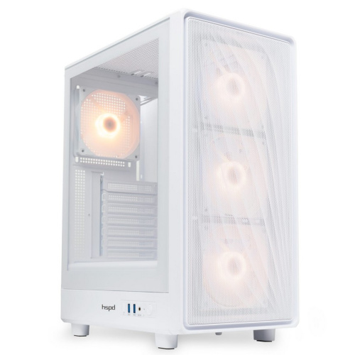 Корпус HSPD M510 (M510-TGWH-ARGB), без БП, Mesh Mid Tower, White, TG, 0.5 SPCC, 4x120mm ARGB ATX, mITX 180/280/160mm 1x2.5", 7xPCI 2xUSB-A 3.0