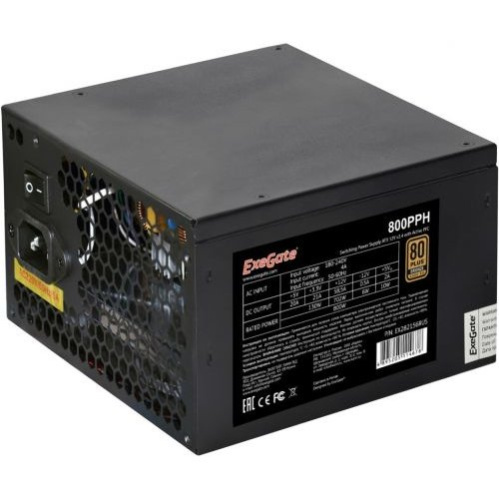 Блок питания ExeGate 800PPH EX282156RUS-S 800W (ATX, APFC, SC, КПД 89 (80 Plus Bronze), 12cm fan, 24pin, 2x(4+4)pin, 4xPCI-E, 8xSATA, 4xIDE, black)