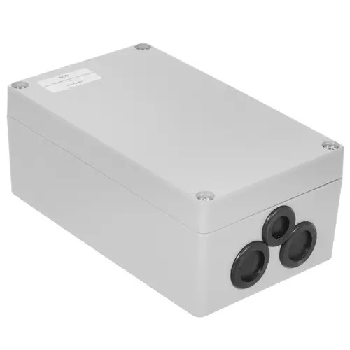 Корпус ACD XG387 Metal case IP65, 200*120*80mm, металлический, 3 отверстия (28 + 28 + 23мм) с резиновыми заглушками,серебристый